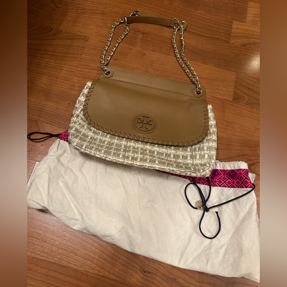 Tory Burch Woven Tan and Cream Shoulder Bag